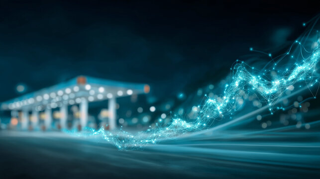 Fueling Innovation: A conceptual visualization of a gas station overlaid with a dynamic network of digital lines representing the future of energy and connectivity, at night.