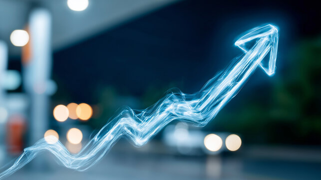 Rise of the Economy: A glowing, stylized arrow ascends, symbolizing growth against a blurred cityscape backdrop, representing progress and financial prosperity.