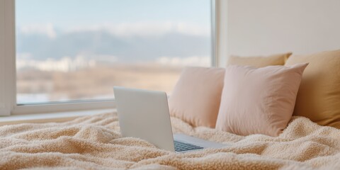 Obraz premium Cozy Bedroom Scene Laptop on Plush Blanket Near Window with Soft Pillows and Distant Landscape View