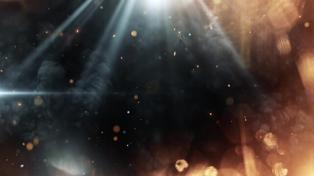 Shining cinematic light beams illuminate a smoky dark background with glowing bokeh