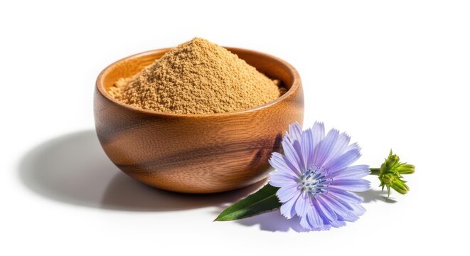 Chicory root powder in wooden bowl with blooming chicory flower on white background