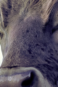 A close-up of a cow's face with a blurry background vertical frame