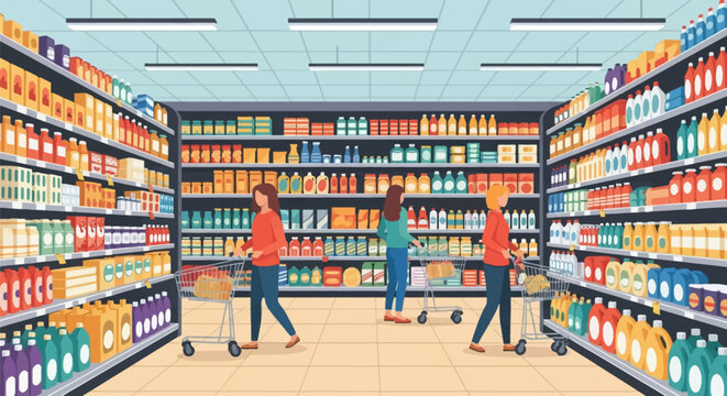 Flat vector illustration of a supermarket interior with three female shoppers pushing carts through aisles stocked with colorful packaged goods, bottles, and boxes on shelves.