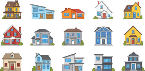 Fototapeta premium Comprehensive collection of flat vector house illustrations featuring diverse architectural styles including modern suburban colonial and minimalist residential homes for real estate 