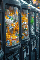 Obraz premium Row of vending machines on a city street, urban setting vertical frame