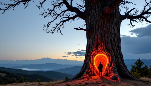A massive, ancient tree with an expansive trunk and sprawling, leafless branches dominates the scene