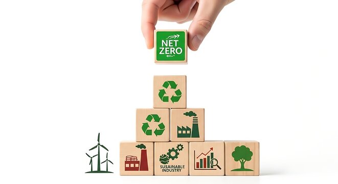 Hand places net zero cube atop blocks symbolizing environmental responsibility and sustainability