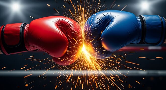 Red and blue boxing gloves clashing together causing bright sparks