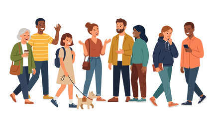 Obraz premium Multicultural community members talking and walking in a modern flat design vector illustration