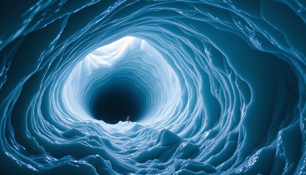 The image depicts the interior of a vast, icy cave with intricate, layered walls that spiral inward to a dark, seemingly endless opening