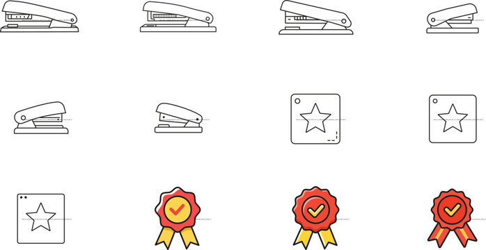 Minimalist Vector Icon Set of 12 Hand-Traced Line Icons including Office Stapler, Quality Wax Seal with Checkmark, Star Stencil, and Browser Window, Featuring Editable Stroke for Customization.