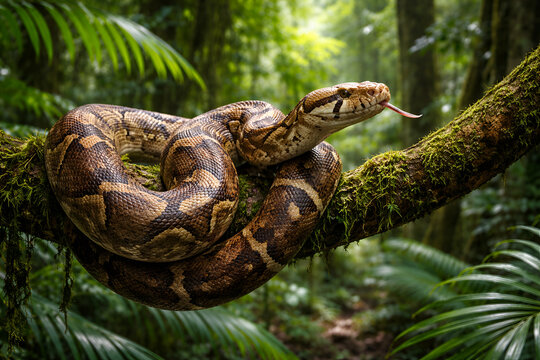Majestic python snake resting on tree branch in tropical rainforest, exotic wildlife reptile in lush green jungle habitat, high resolution nature photography, wild predator forest scene.