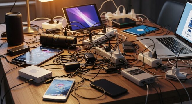 A cluttered wooden desk with multiple electronic devices and tangled cords