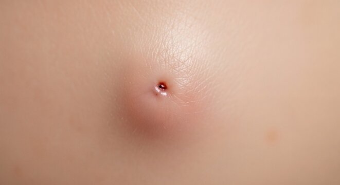 A close-up view of a person's skin with a small, red, and inflamed pimple or zit.