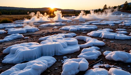 Fototapeta premium The image depicts a geothermal area during sunset, with the sky illuminated by the warm glow of the setting sun on the horizon