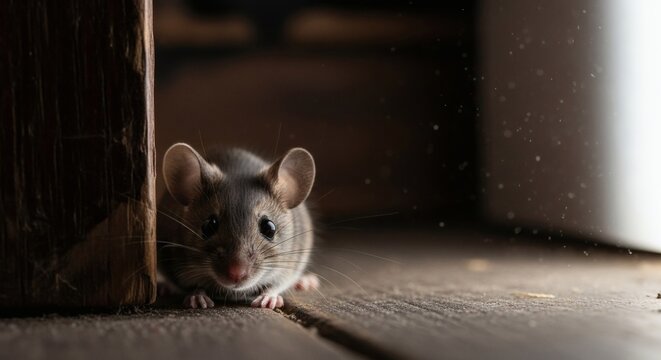 A small mouse peeking out from behind a wooden beam in a dimly lit room with a dusty floor