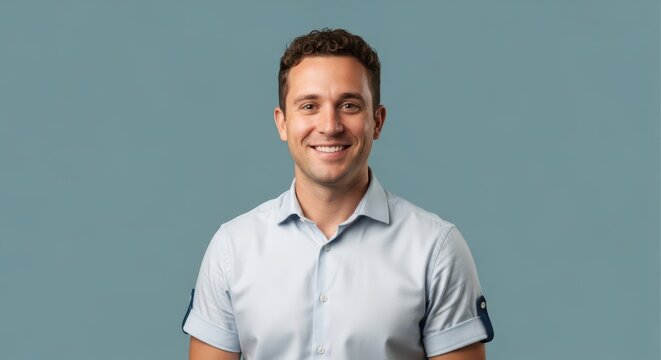 Professional man in light grey button-down shirt smiling at camera