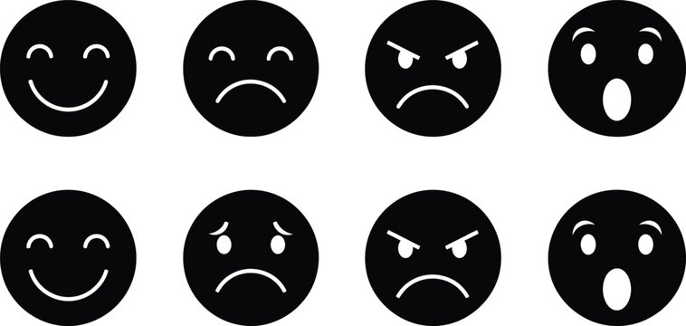 Diverse emotions vector icon set hand drawn faces expressing happiness sadness anger and surprise for ui ux design