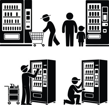 Everyday scenes of people interacting with vending machines and stocking supplies