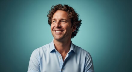 Obraz premium Smiling man in light grey button-down shirt against teal backdrop