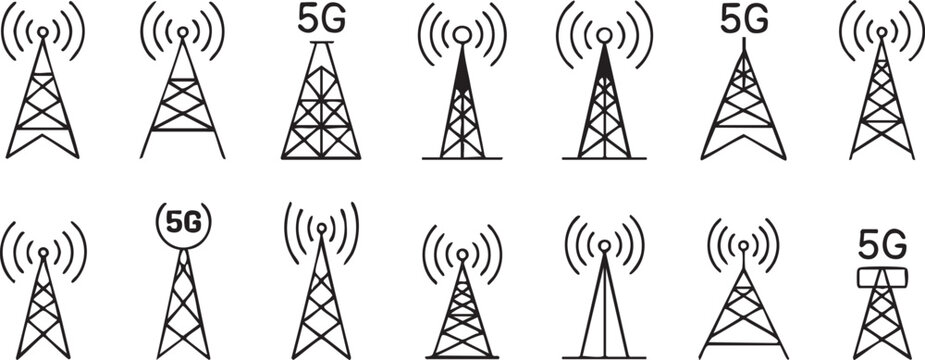 antenna tower icons wireless signal network 5g vector outline