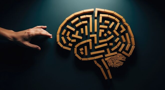 Human hand interacting with a wooden brain shaped maze symbolizing cognitive complexity