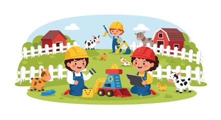 Obraz premium Children dressed as construction workers play with toy machinery and animals in a vibrant, cartoon-style farm setting with barns and fences.