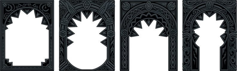 Gothic arch frame set with dark stone texture and ornate architectural details for fantasy game design vector illustration. © Abdul