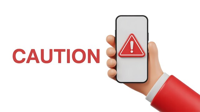 Warning sign on smartphone screen, caution alert, mobile phone safety, warning symbol