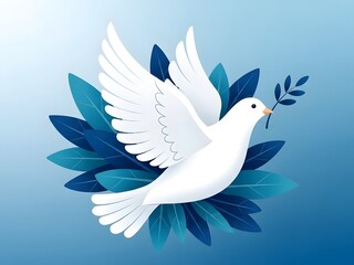 Obraz premium a white dove holding a leaf in its beak surrounded by blue leaves high quality professional detailed modern elegant stylish clean