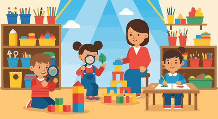 A teacher and three children engage in various educational activities like drawing, building blocks, and exploring nature in a colorful classroom.