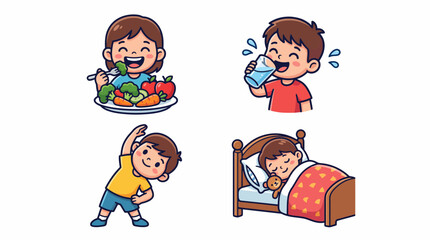 Fototapeta premium Healthy Lifestyle Habits and Daily Routine for Kids Vector Set