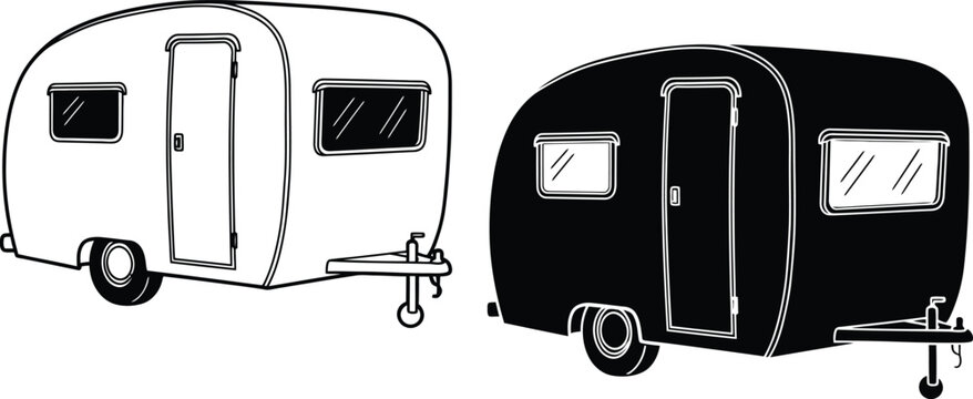 Vintage trailer silhouettes a black and white illustration of classic camping