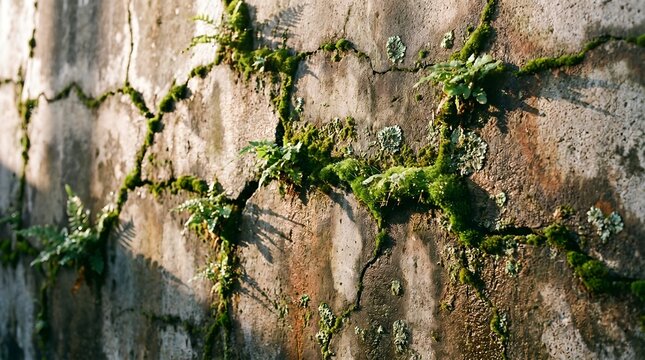 Close-up of vibrant green moss and small ferns growing in cracks of an old weathered concrete wall under warm sunlight