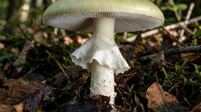 Close-up of a deadly mushroom growing in a forest environment.