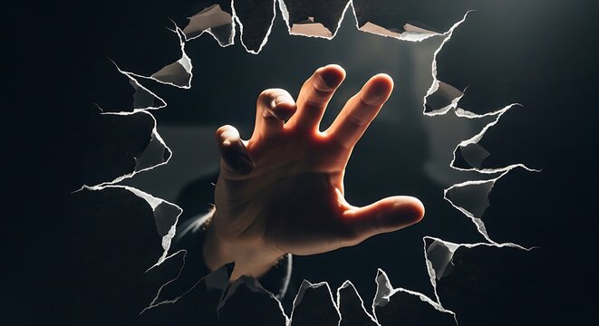 Human hand reaching through a torn dark paper wall hole