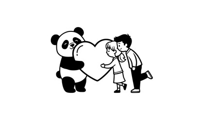 Playful panda hugging heart with couple romantic vector black and white illustration © ShanjidaAkter
