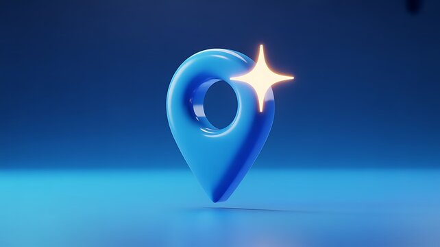 Glowing blue map pin icon, location marker symbol, navigation pointer, shiny star indicator