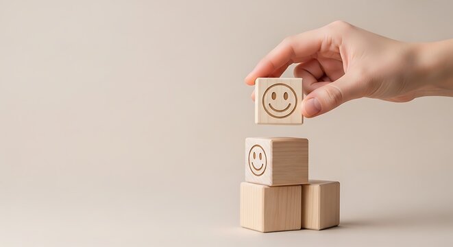 Hand stacking wooden blocks with smiley faces to build happiness concept