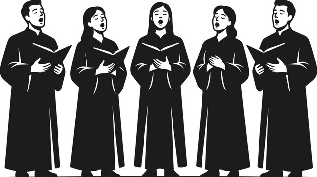 A choir of five singers with open songbook are singing in unison with elegant attires. The black and white image focuses on the harmony and performance