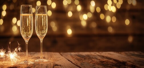 Fototapeta premium The Champagne Flutes on Rustic Table with Festive Bokeh Lights and Sparklers