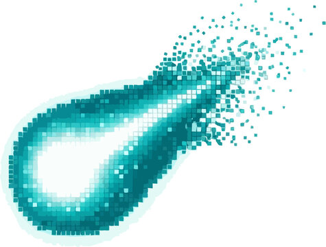 Abstract pixel art illustration depicting a glowing digital object disintegrating into scattered particles, symbolizing dynamic energy, technological evolution, and data transformation