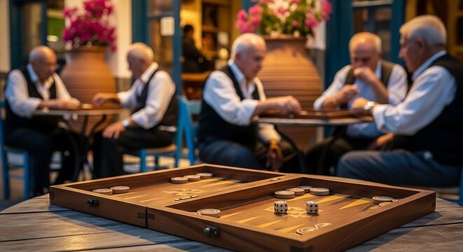 Backgammon Board on Table with Senior Men Playing in Background
