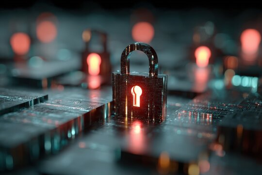 Glowing Digital Padlock Security Concept With Blurry Red Lights In The Background