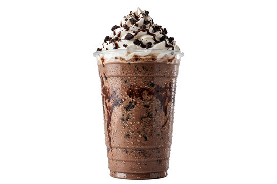 cookies and cream chocolate frappe with whipped cream and cookie crumbles in a plastic takeaway cup on transparent background