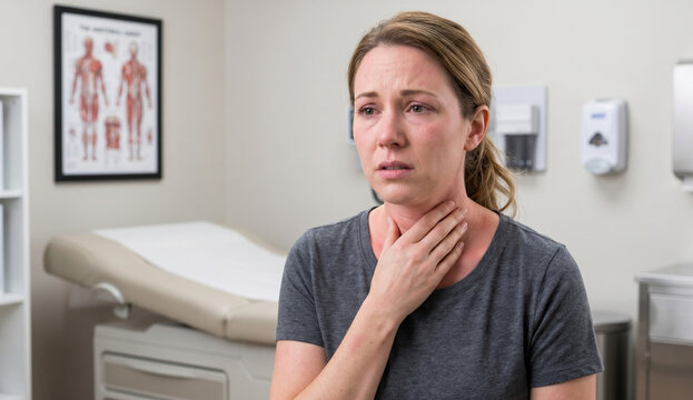 Distressed female patient holding her throat experiencing anaphylaxis