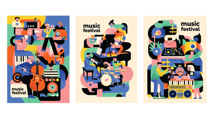 Set of music festival posters with musicians playing instruments and dj performing, flat vector illustration © S.Siam