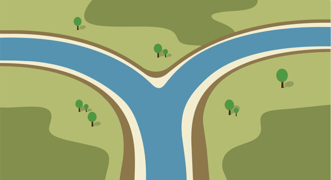 Fork in the river, bifurcation, landscape, nature, water flow split, aerial view