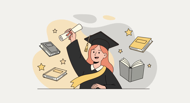 Illustration of a graduate girl holding a diploma.