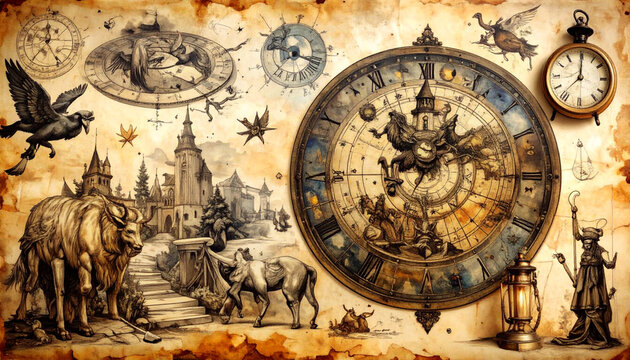 Celestial map showing constellations, stars and clocks in a circular design with various symbols and elements from different cultures
